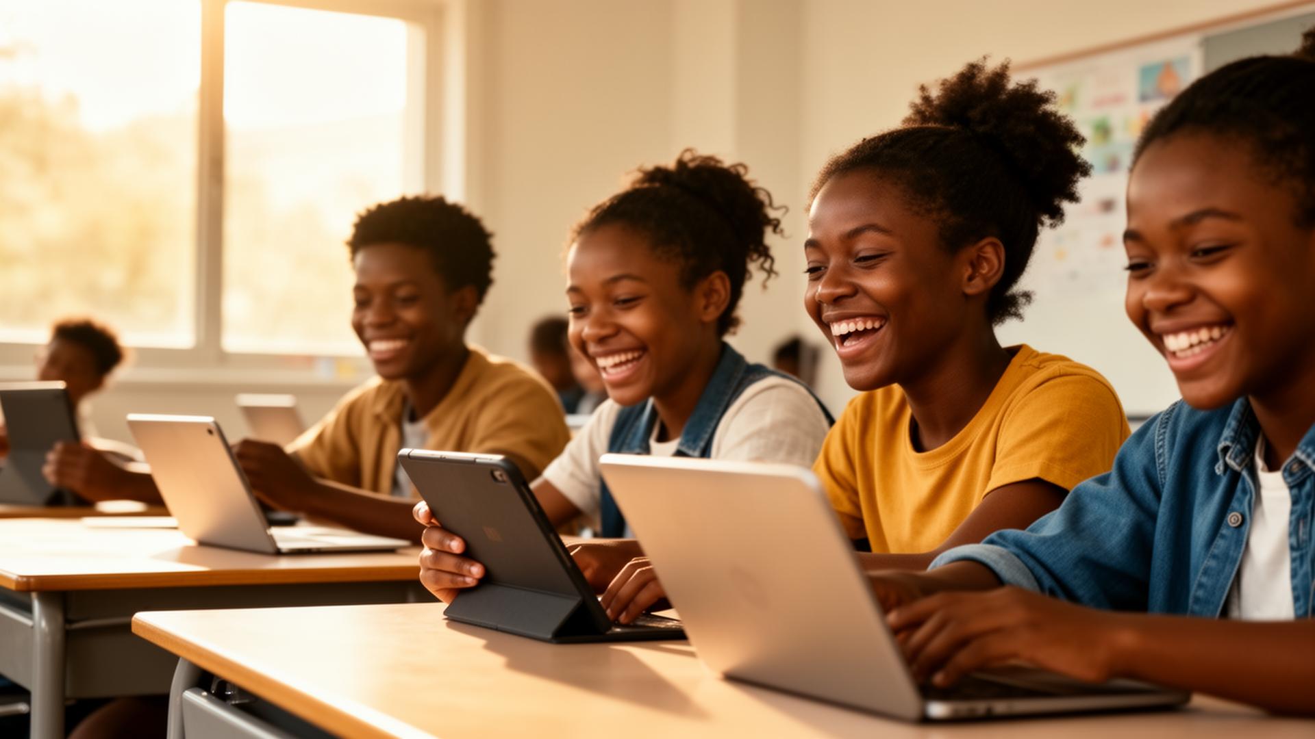 Élèves africains apprenant avec des tablettes et ordinateurs